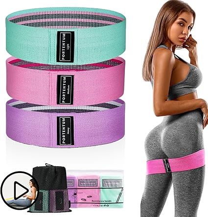 PORTENTUM Elastique Musculation - Bandes Elastiques de Fitness antidérapantes en Tissu, 3 Niveaux de résistance pour Crossfit, Yoga, fessiers et Autres Sports et Sac de Rangement